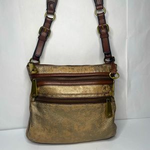 FOSSIL Gold Metallic Pewter Leather Explorer Zipper Shoulder & Crossbody Bag